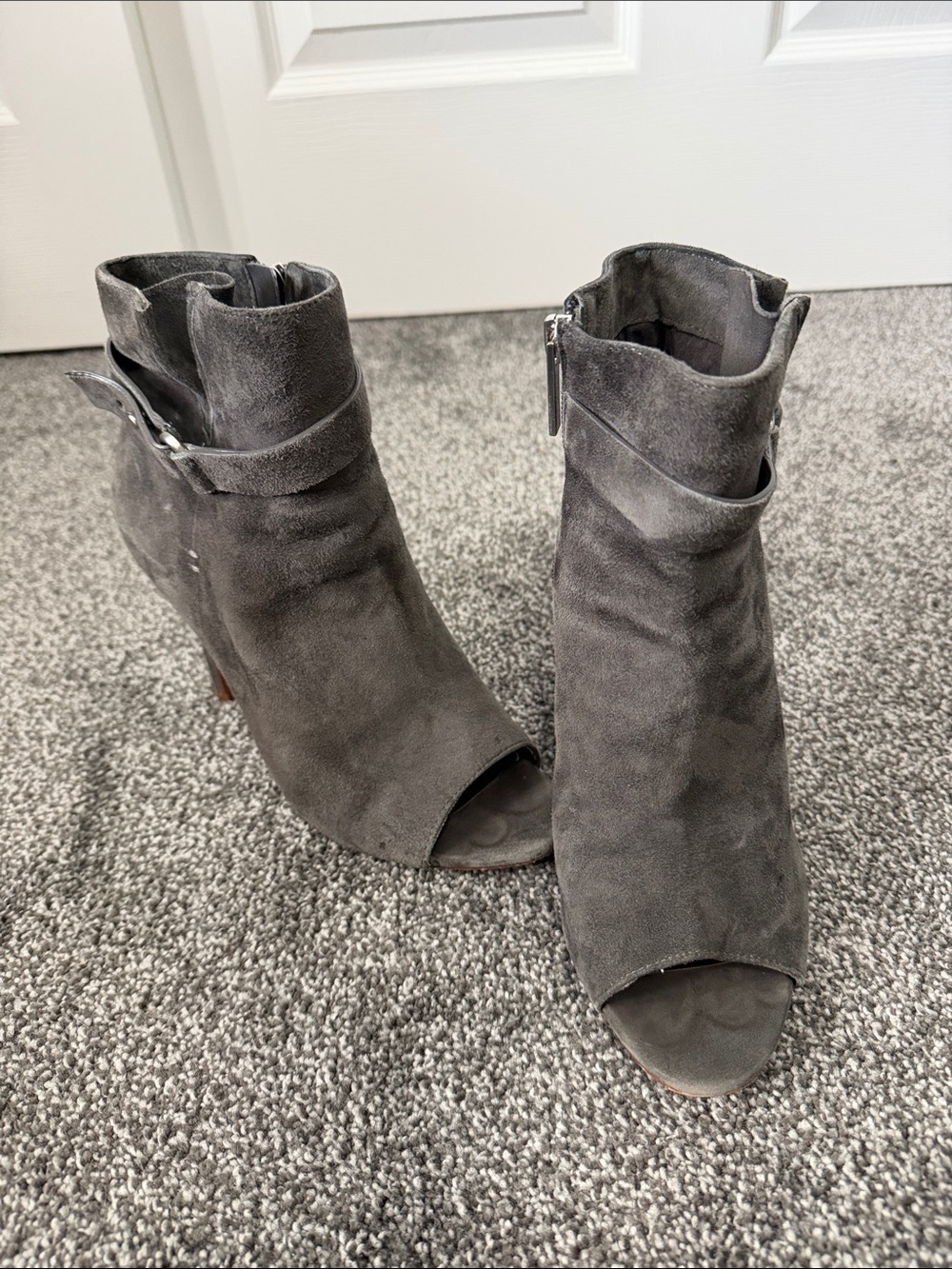 BCBGeneration Gray Suede Peep-Toe Ankle Booties